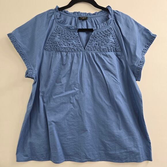 Talbots Women’s Petite L Blue Cotton Blend Embroidered Keyhole Blouse Top Boho - Picture 2 of 8